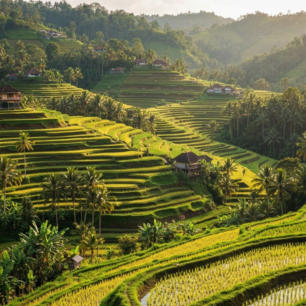 Bali Indonesia - lush green rice terraces and tropical paradise with ancient temples