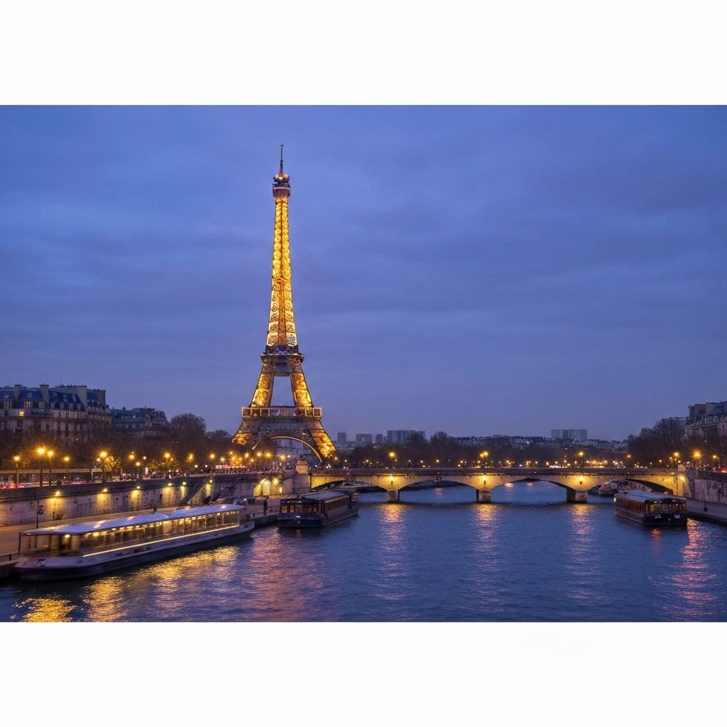 European Grand Tour - Eiffel Tower in Paris with romantic city lights and European architecture