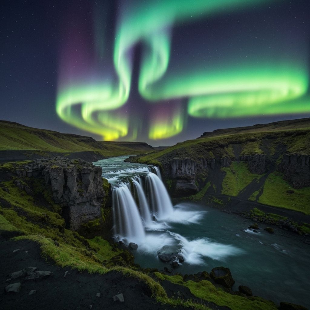 Iceland - spectacular northern lights aurora borealis over dramatic waterfalls and volcanic landscapes