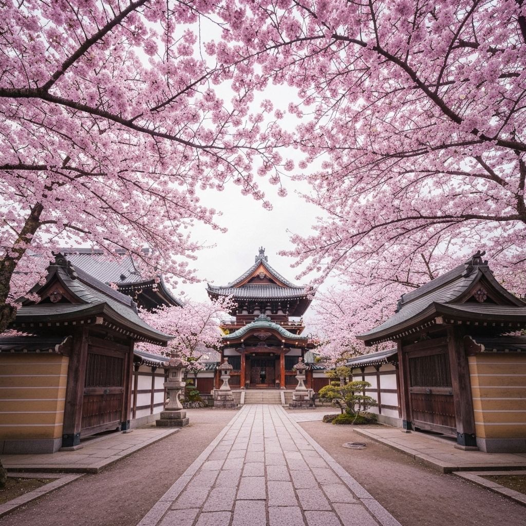 Kyoto Japan - traditional temples and shrines with beautiful cherry blossoms in spring