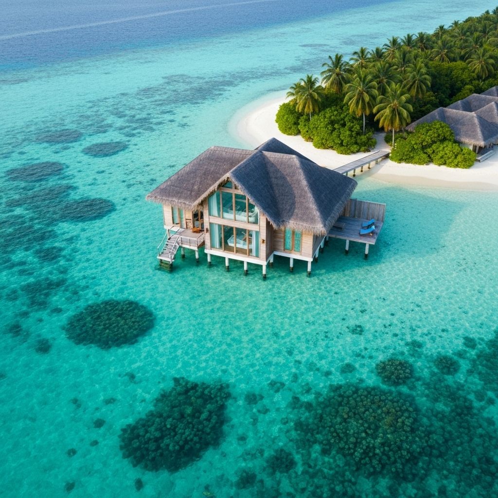 Maldives - luxury overwater bungalows and crystal clear turquoise water with pristine coral reefs