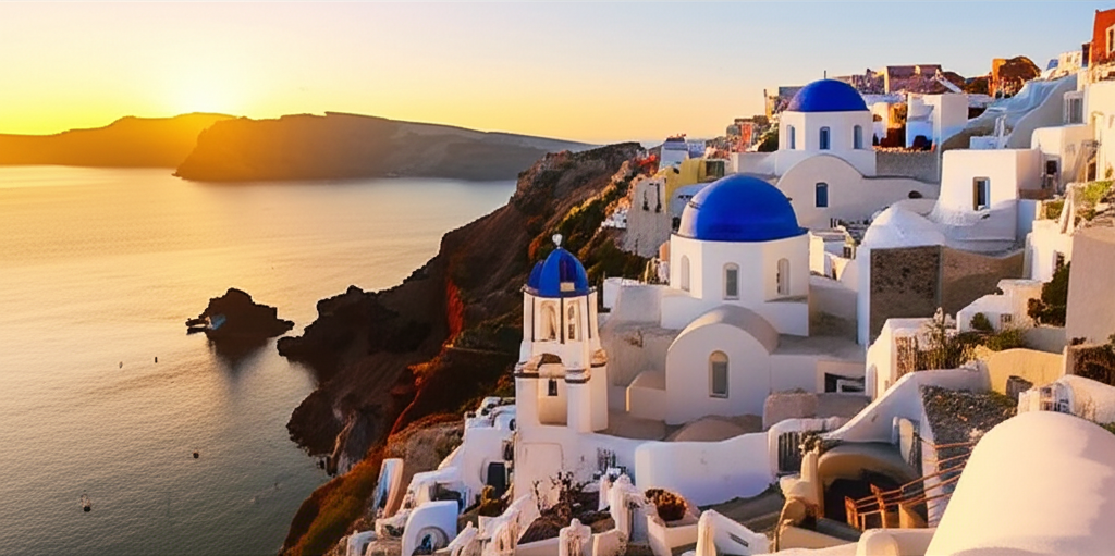 Santorini Greece - iconic white-washed buildings with blue domes overlooking the Aegean Sea at sunset